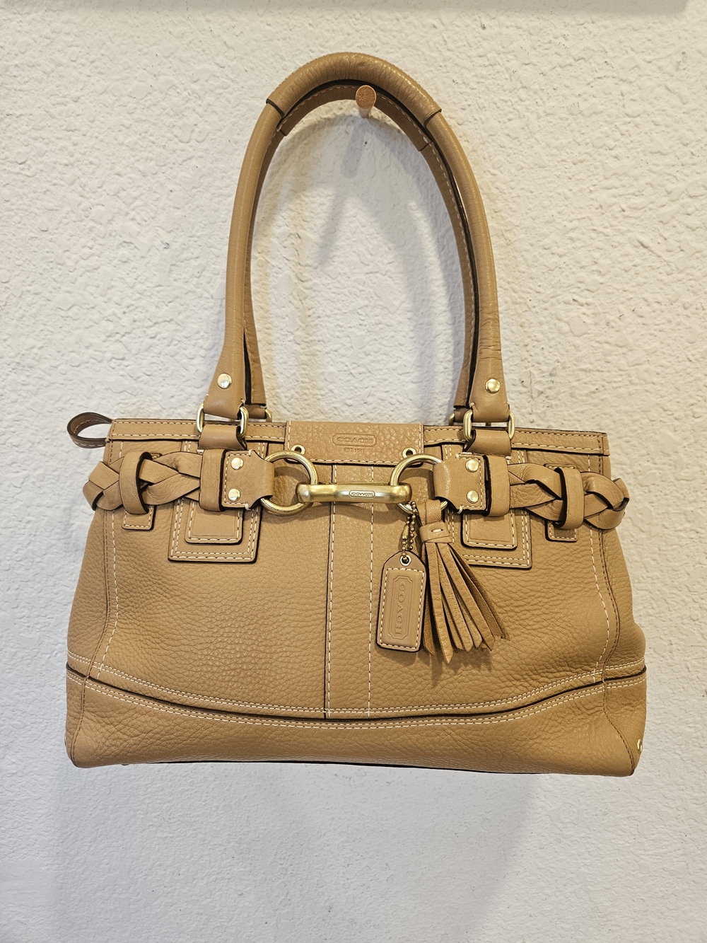 Vintage Coach Hamptons Braided Pebbled Leather Satchel Buckskin Tan